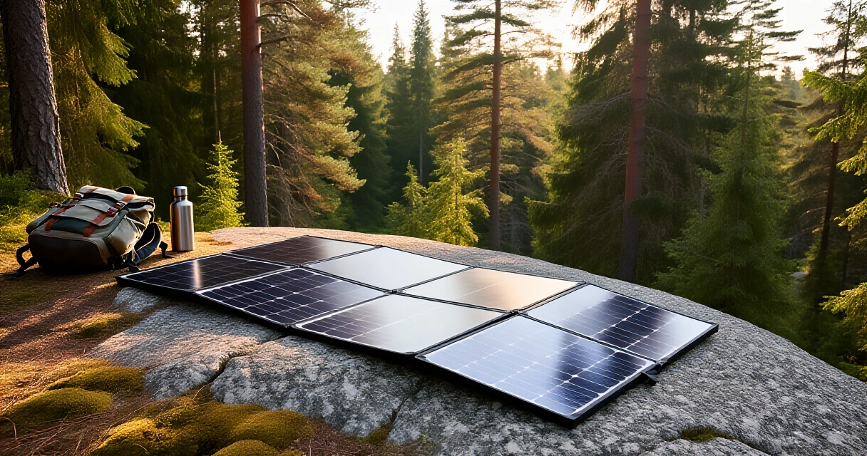 Kannettava aurinkopaneeli avattuna graniittikivellä mäntymetsässä