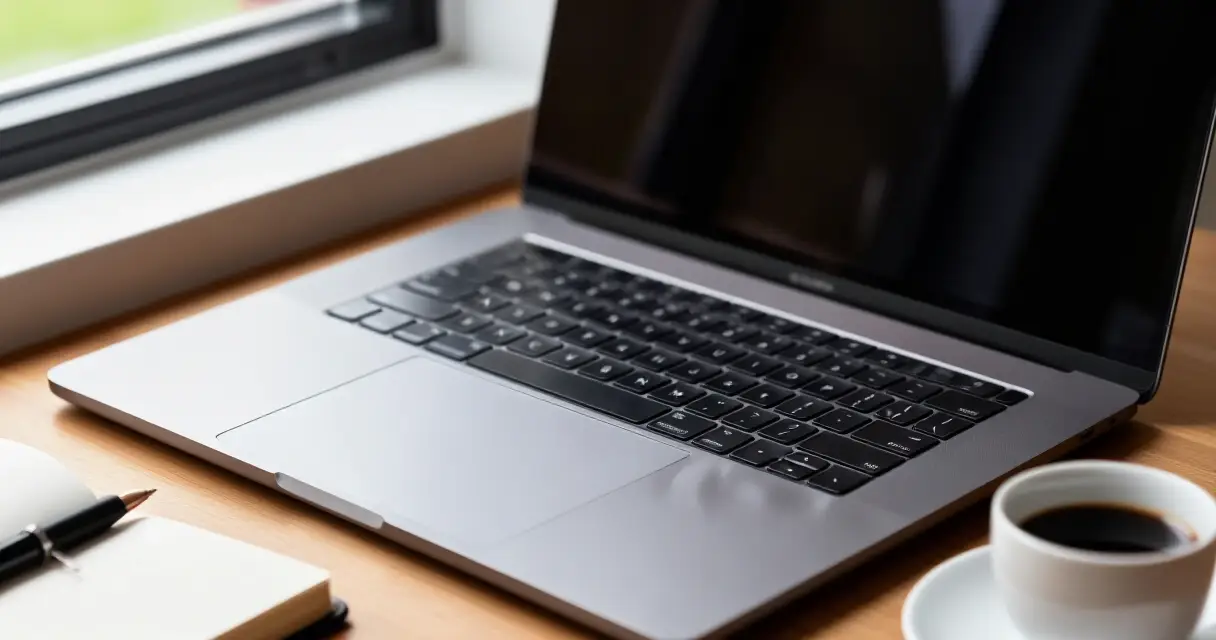 Moderni kannettava tietokone avoimena valkoisella puupöydällä luonnonvalossa